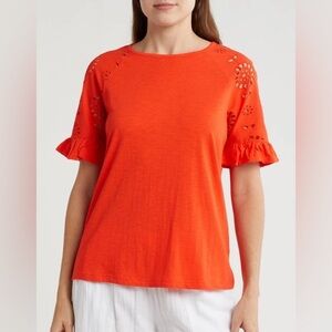 Caslon Vibrant Orange Res Eyelet Ruffle Sleeve Tee Size Small
